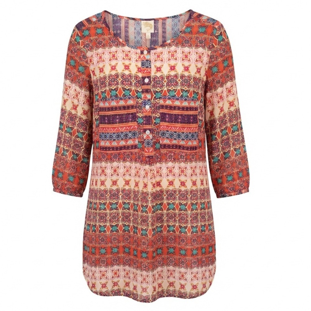 Fig and Flower Boho Vibrant Orange Mixed Print 3/4 Sleeves Tunic Blouse Top 1X